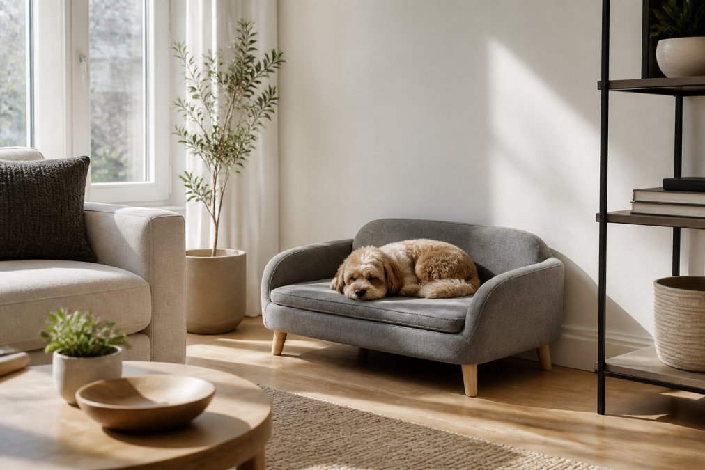 Compact apartment living room with a cozy pet sofa bed positioned against a wall, a small dog curled up sleeping on it, minimalist decor with neutral tones, and bright natural light streaming from a nearby window