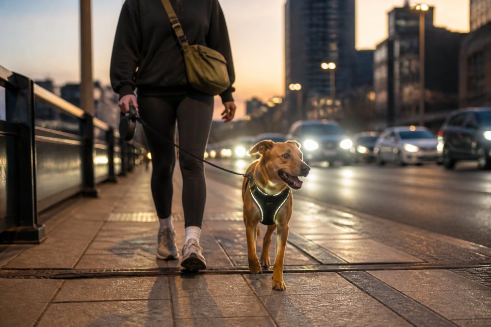 A person walking a medium-sized dog through a busy city street at dusk, the dog wearing a high-visibility LED harness, the owner holding a retractable lead with a walk bag slung across their shoulder