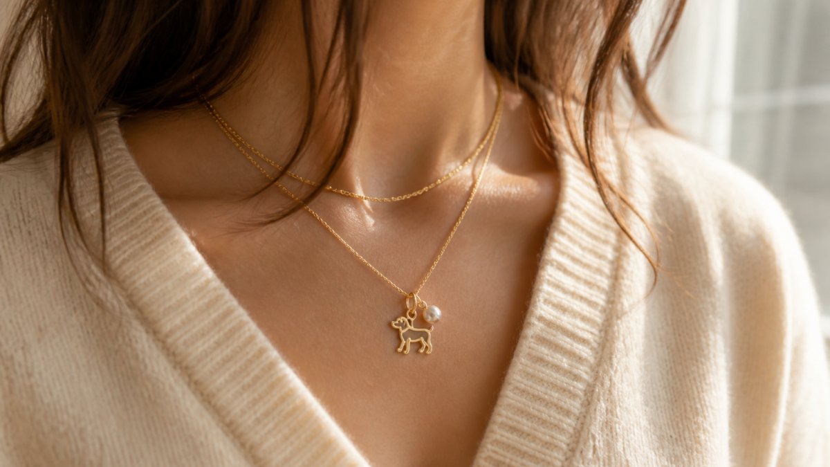 Close-up of a woman's neck and collarbone wearing a delicate gold chain with a small dog pendant and a freshwater pearl, layered over a soft cream sweater, natural daylight, elegant and warm mood