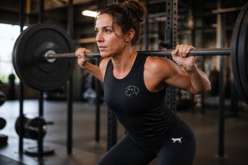 Fitness enthusiast wearing minimalist dog-themed athletic apparel during a gym session, displaying subtle pet graphics on performance fabric with focused expression and proper form
