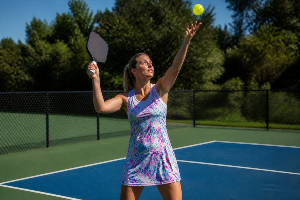 Woman on a pickleball court wearing a colorful athletic dress with layered moisture-wicking sleeveless top, demonstrating full range of motion during serve, with natural outdoor lighting illuminating the court
