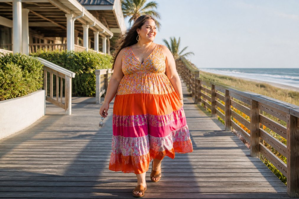 A confident curvy woman in a flowing colorful tiered maxi dress walking along a sunny beach boardwalk, sandals on, sunglasses in hand, warm afternoon light, relaxed and smiling