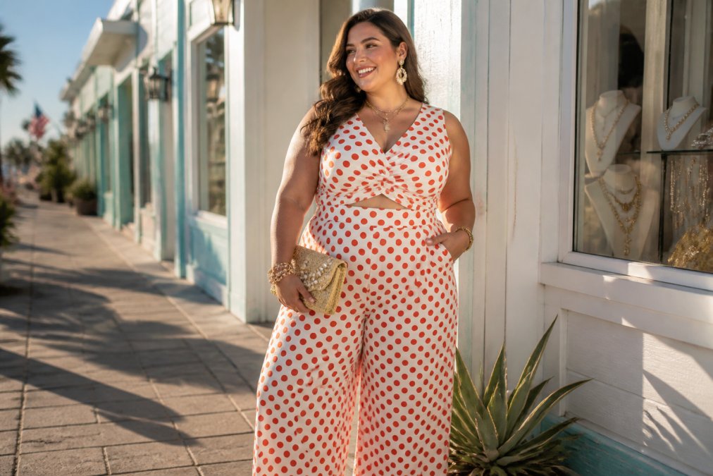 A plus size woman in bright polka dot wide-leg pants and a coordinated top standing outside a charming coastal boutique storefront in warm afternoon sunlight, looking stylish and vacation-ready, smiling confidently
