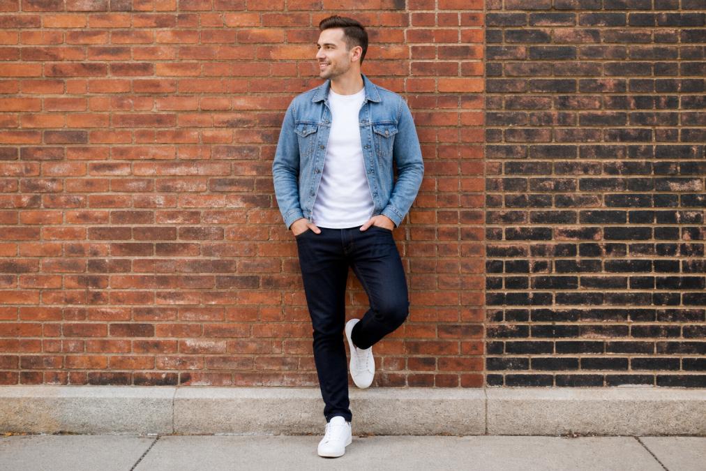 Person wearing a regional pride t-shirt layered with a casual denim jacket, styled with dark jeans and white sneakers, standing in natural outdoor lighting near a brick wall