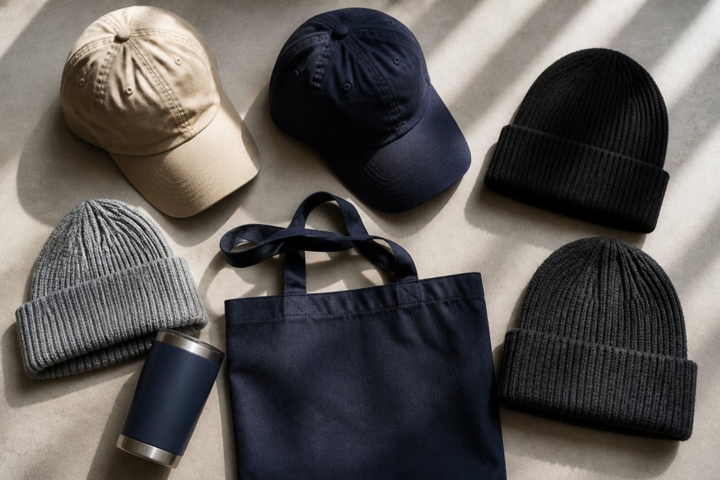 Flat lay arrangement of regional pride accessories including embroidered beanies, classic dad caps, and branded items displayed on a neutral background with natural lighting