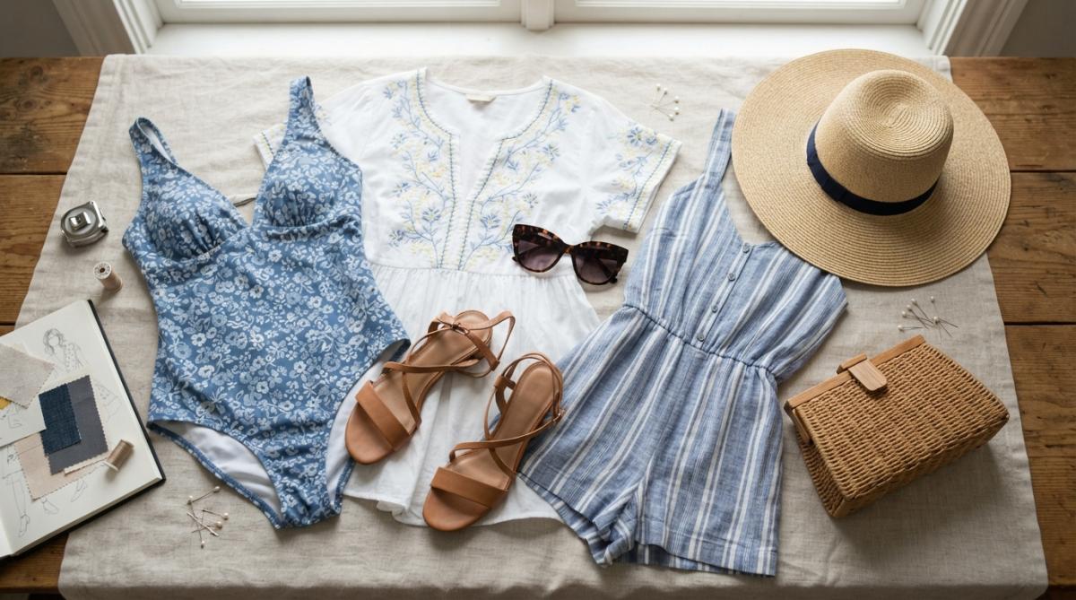 Flatlay of resort wear essentials arranged on a light linen background: a blue floral one-piece swimsuit, embroidered cover-up dress, strappy sandals, oversized sunglasses, and a lightweight romper styled together with a straw hat and woven clutch