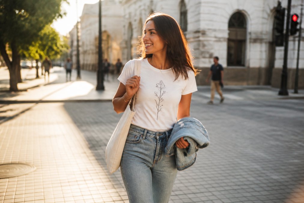 A stylish young adult walking confidently through a sunlit city plaza wearing a well-fitted graphic tee with subtle script lettering, natural golden-hour lighting