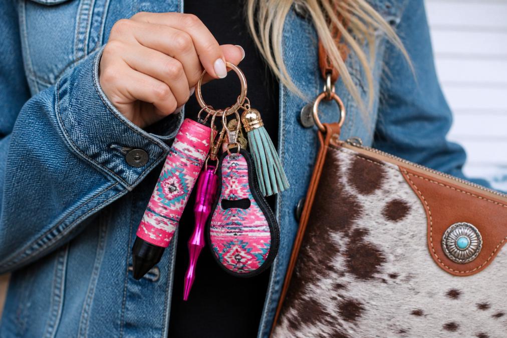 Close-up of a woman's hand holding a colorful, Western-inspired self defense keychain set against a denim jacket background, with a designer-inspired purse visible in the frame