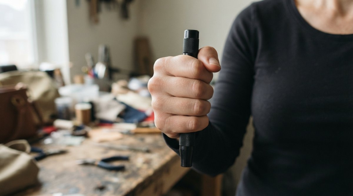 A woman's hand gripping a kubotan keychain correctly between her fingers in a ready position, photographed against a neutral background with clear, even lighting to show proper grip technique