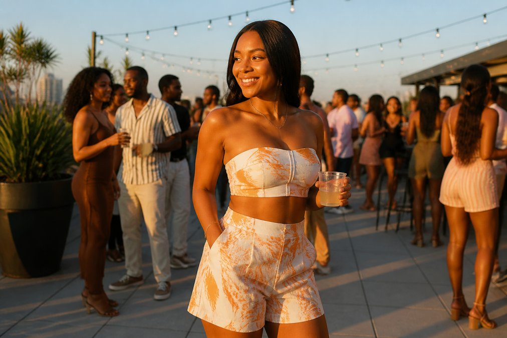 A woman in a fitted two-piece short set standing confidently at an outdoor summer rooftop party, string lights overhead, guests mingling in the background, golden hour lighting