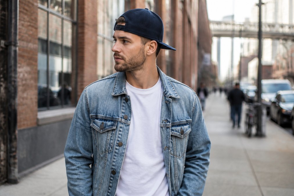 A man in his late 20s wearing a navy snapback cap with a casual denim jacket and white t-shirt, standing outdoors in an urban setting with natural daylight