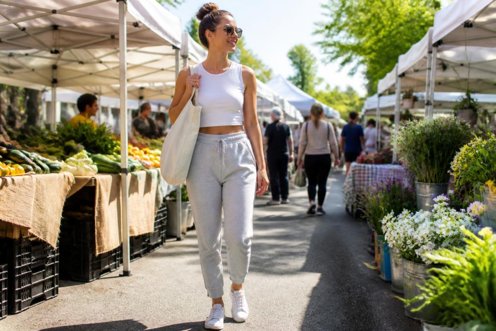 Woman wearing stylish sports gear and carrying a tote bag while walking through a sunny farmers market.