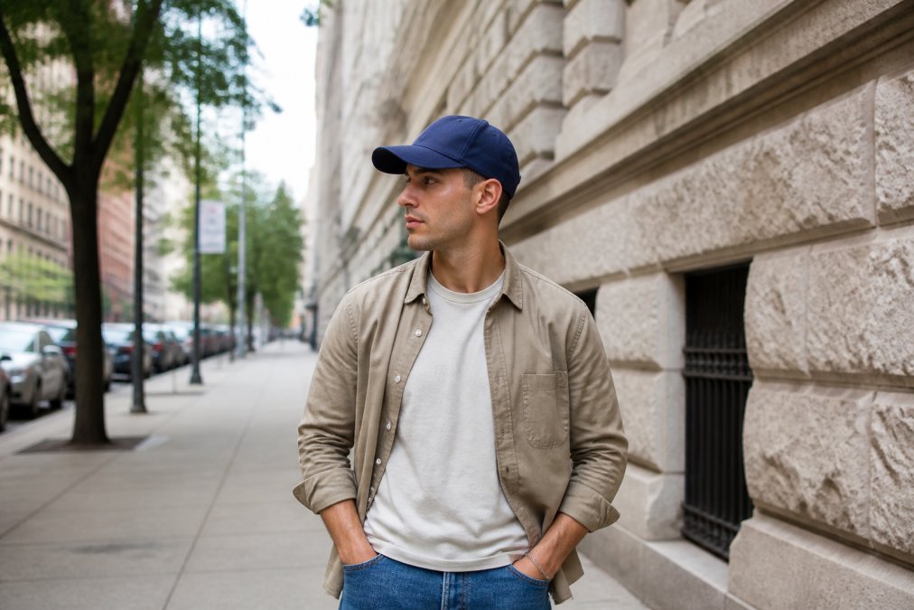 A person wearing a navy blue dad hat with a curved brim, styled with a casual neutral-toned outfit, standing in an urban outdoor setting with natural daylight