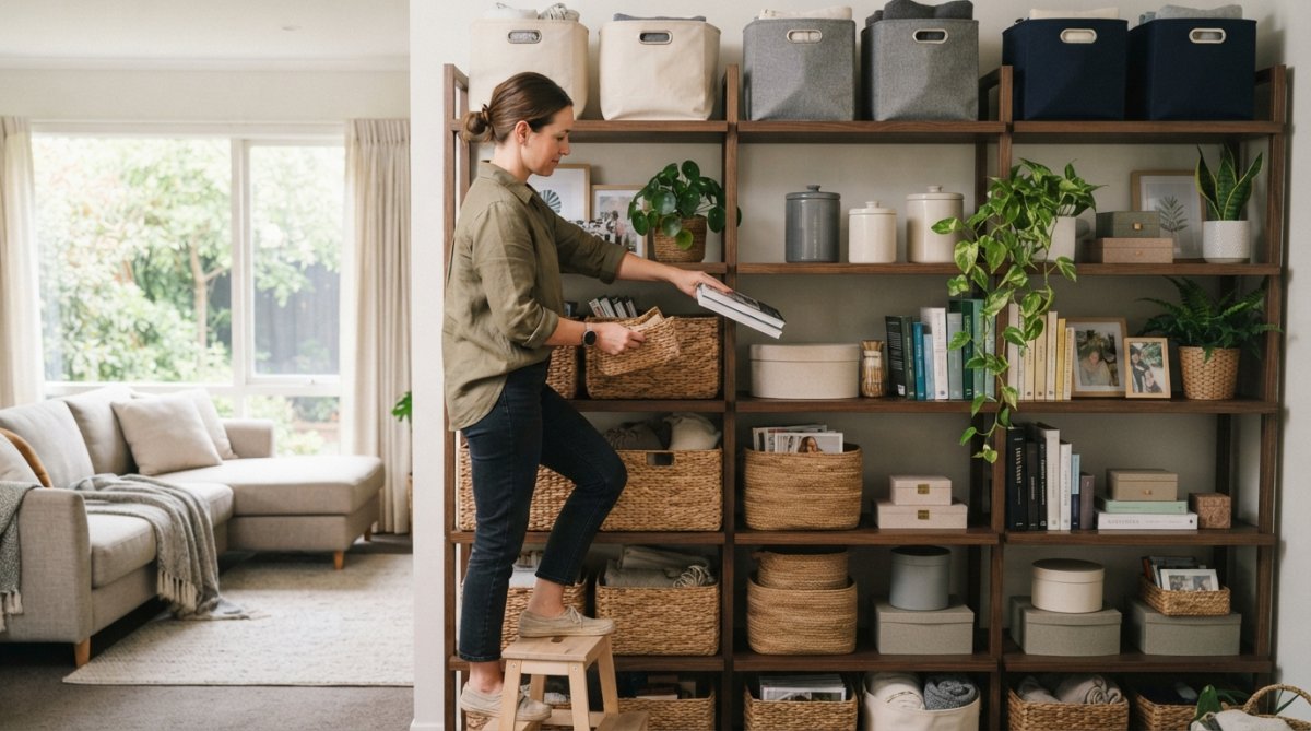 Well-organized open shelving unit with coordinating woven baskets and fabric storage bins arranged by color gradient, featuring books, potted plants, and home decor items in a bright living room with natural light from a window
