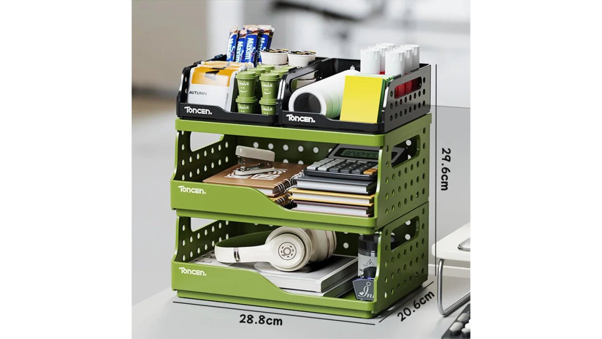 Organizer da scrivania elegante e robusto a 3 livelli con 2 scomparti grandi + 2 piccoli – Scatola da ufficio impilabile
