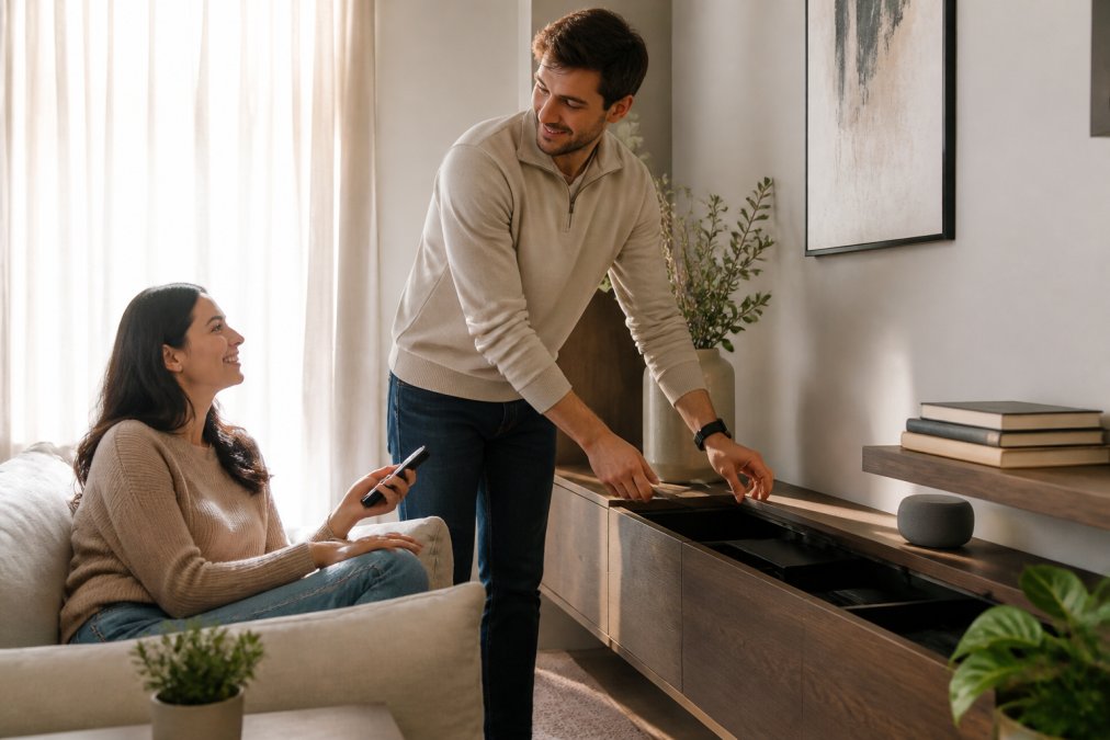 Diagram illustrating the aesthetic integration of smart displays, hidden charging stations, and speakers in a living room.