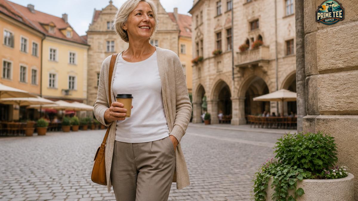 Mature woman wearing a comfortable travel tee layered with a lightweight cardigan and tailored trousers, standing in a European village square with cobblestone streets and historic architecture in the background, looking relaxed and stylish
