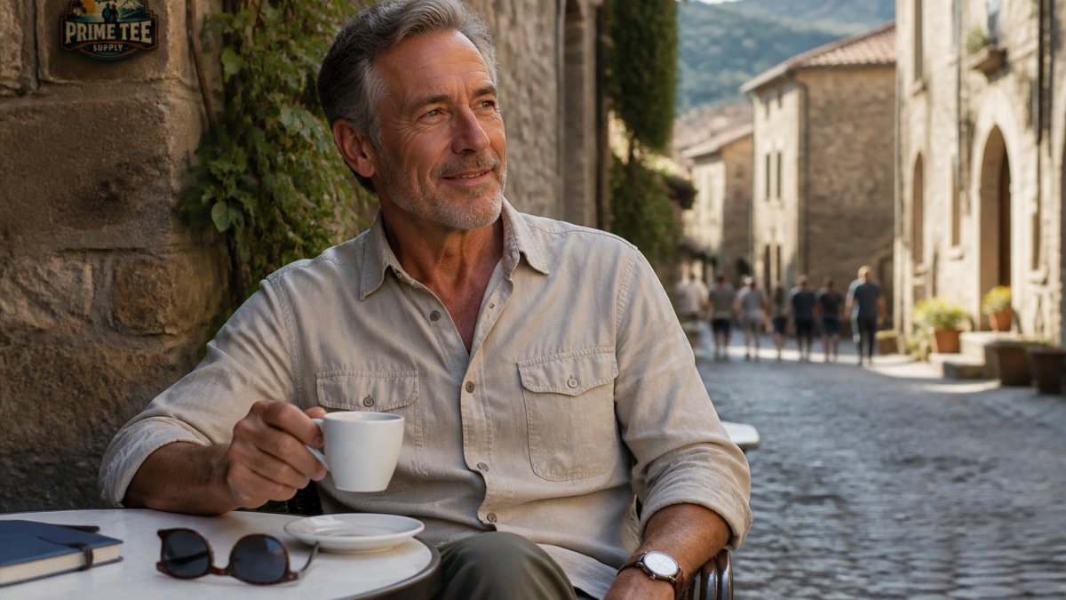 A mature man in a stylish travel shirt sitting at an outdoor café table in a historic European village, relaxed and comfortable with a coffee cup, stone architecture and narrow cobblestone streets visible in the soft afternoon light behind him