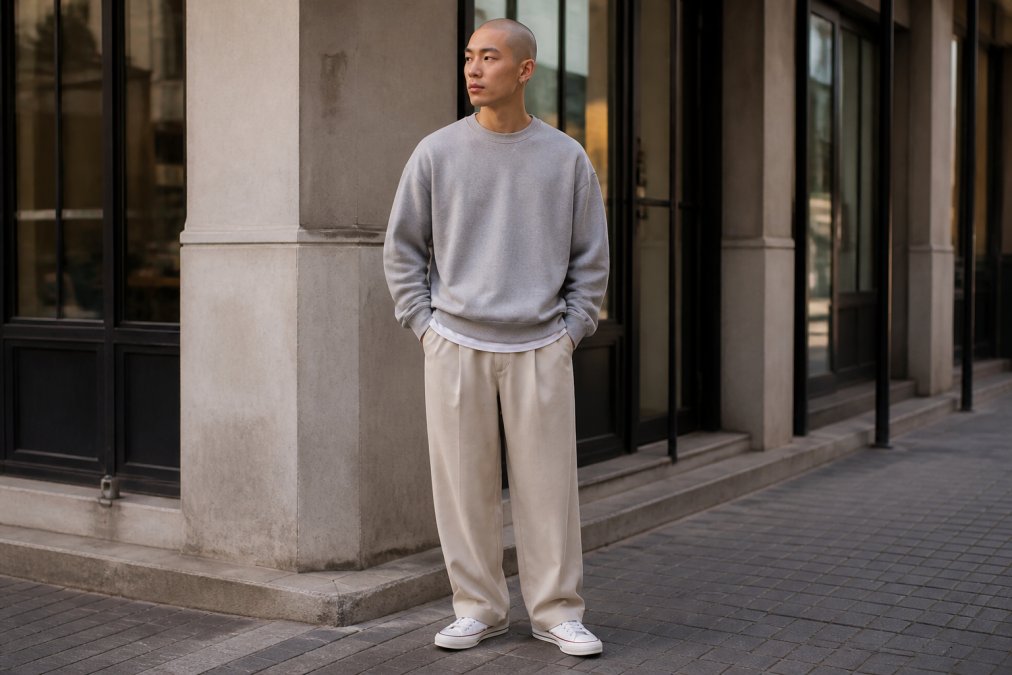 Person wearing oversized crewneck sweatshirt layered over fitted t-shirt with relaxed-fit trousers, standing in urban setting with natural daylight, showcasing casual streetwear styling