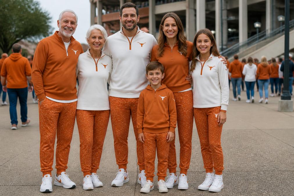 A multi-generational family wearing coordinated burnt orange and white apparel standing together at a stadium entrance, smiling with genuine team pride visible in their coordinated outfits and comfortable stance