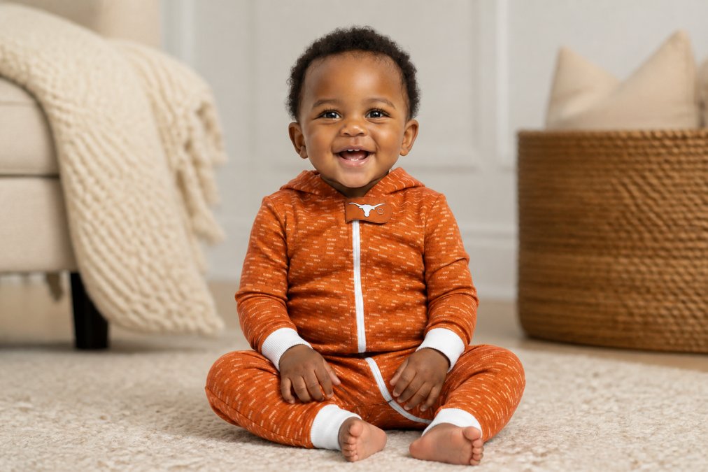A young child wearing a cozy burnt orange University of Texas onesie indoors during a relaxed family moment, sitting comfortably on a soft surface with genuine contentment visible in their posture