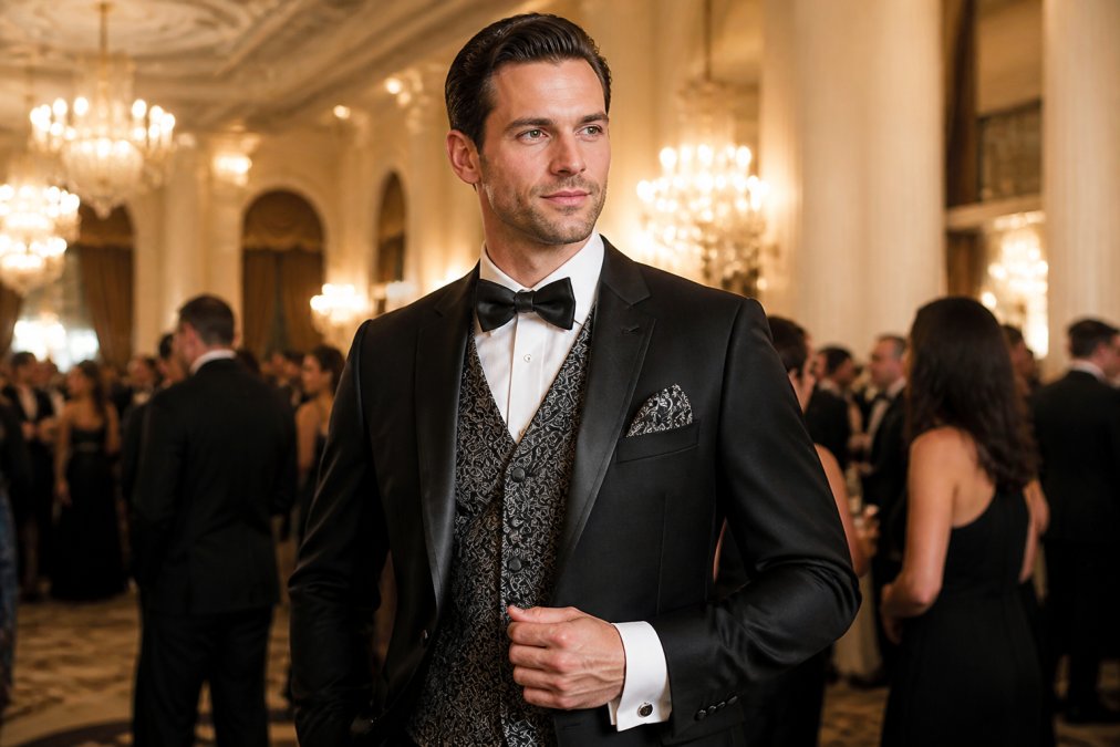 Well-dressed man in formal black-tie attire wearing a paisley waistcoat with matching pocket square and cufflinks, standing confidently at an elegant gala venue with soft warm lighting