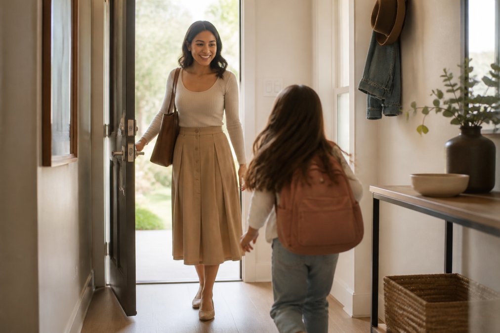 A woman in her thirties wearing a ribbed scoop long sleeve top tucked into a high-waisted midi skirt, standing in a bright hallway with a tote bag over her shoulder, natural daylight, candid everyday moment