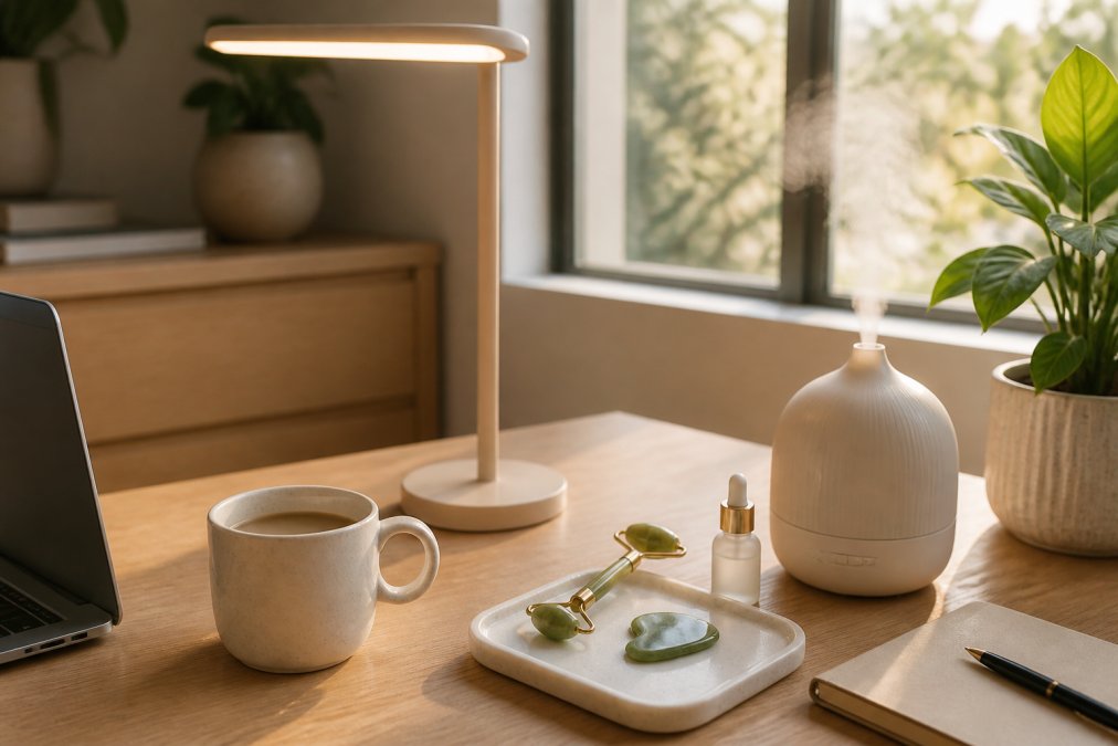 A sleek modern home office desk with a minimalist LED lamp, a jade roller set, and a small humidifier arranged neatly beside a laptop and coffee cup, warm natural light from a window