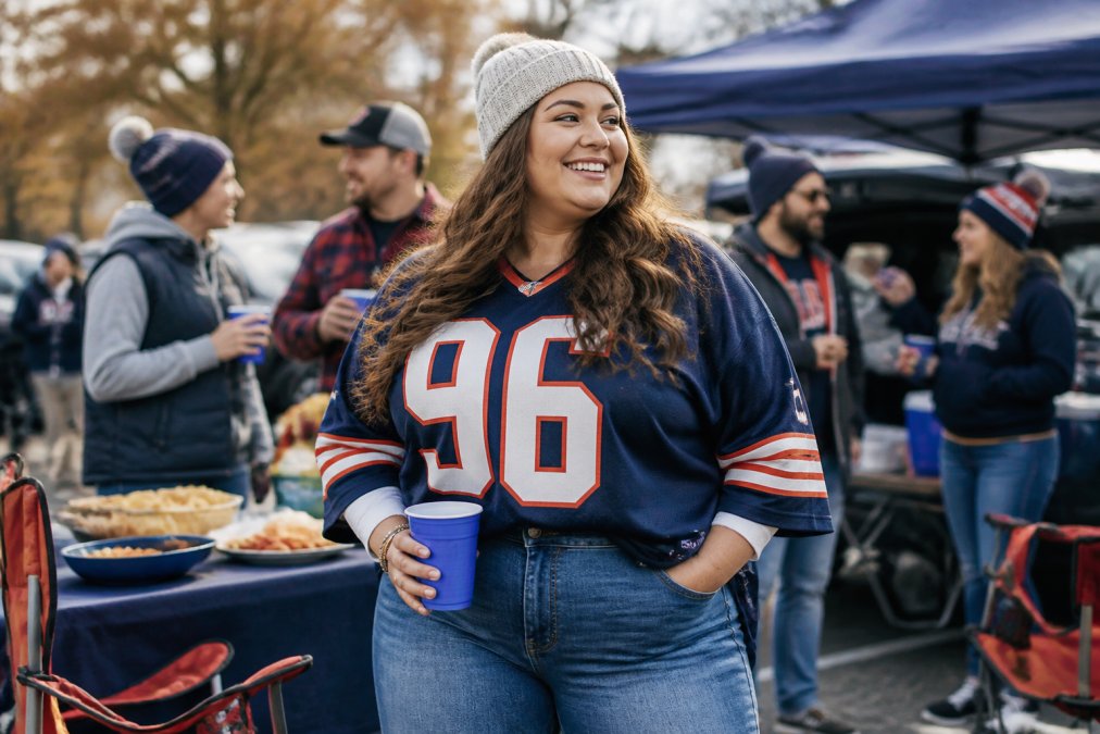 A confident plus size woman wearing a stylish oversized team jersey, high-waisted jeans, and a knit beanie, smiling at an outdoor tailgate party with other fans in the background