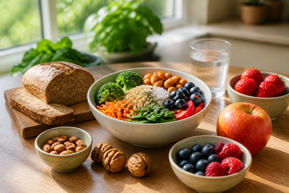 A colourful bowl of varied whole foods on a wooden kitchen table: wholegrain bread, fresh vegetables, fruit, nuts and a glass of water, natural daylight from a window