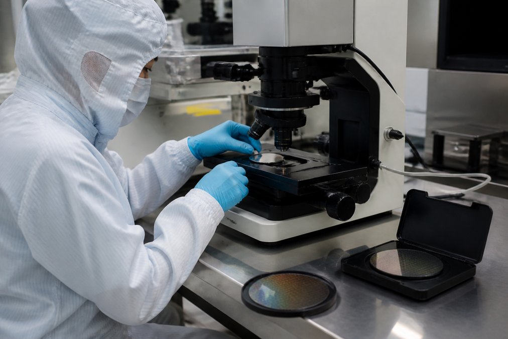 Process engineer or technician calibrating semiconductor metrology equipment at workstation with wafer samples and precision instrumentation under controlled lighting