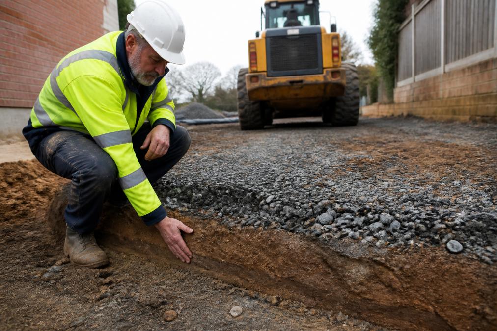 Professional surveyor examining excavated driveway foundation showing exposed soil sub-grade and compacted gravel sub-base layer with machinery in background