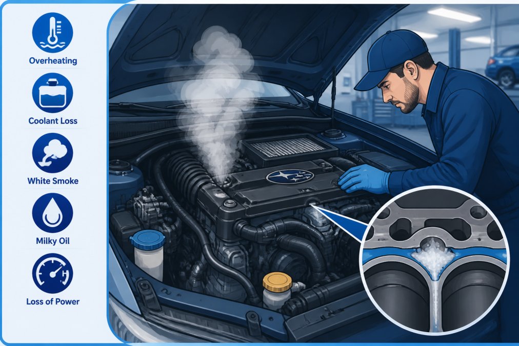 Close-up of engine bay showing white steam rising from under the hood with a mechanic inspecting the valve cover area in a professional shop setting with fluorescent lighting
