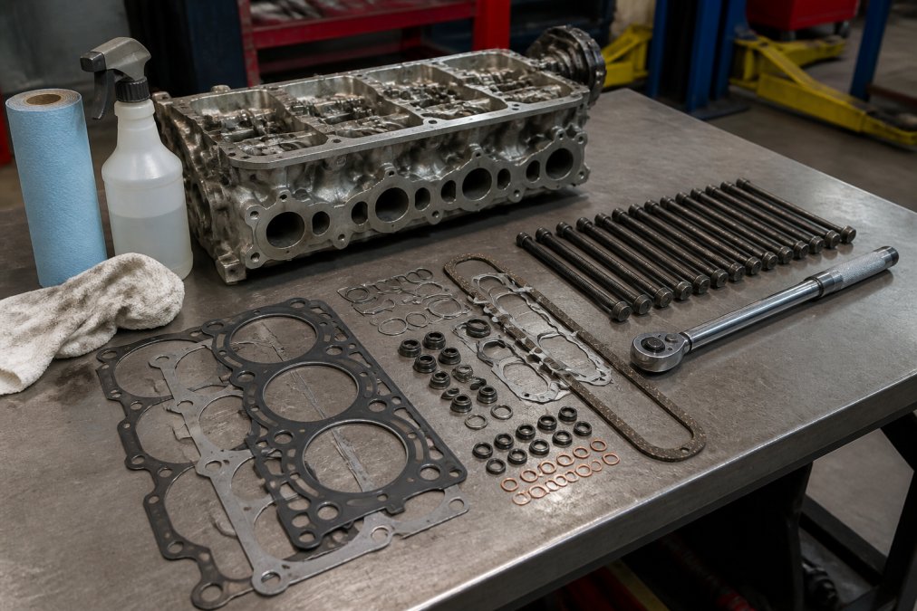 Mechanic's workbench with a disassembled cylinder head, gasket set components, head bolts arranged in order, a torque wrench, and cleaning supplies laid out systematically under shop lighting