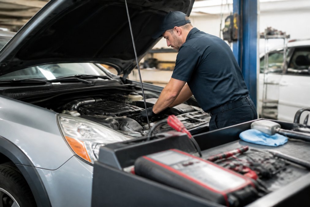 Professional Subaru technician in a well-lit garage bay performing engine diagnostics on a Subaru vehicle, with specialized tools and diagnostic equipment visible on the workbench