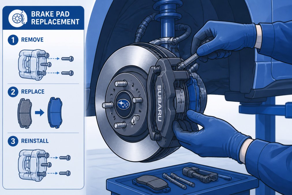 Close-up of a technician's hands performing brake pad replacement on a Subaru wheel, showing precision work with specialized tools and professional workshop lighting