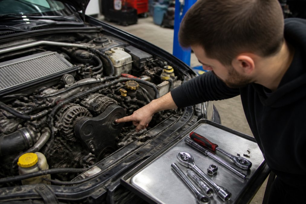 Mechanic pointing to the timing cover area inside a Subaru engine bay, with tools visible nearby on the workbench and natural workshop lighting showing where the timing component is located for inspection