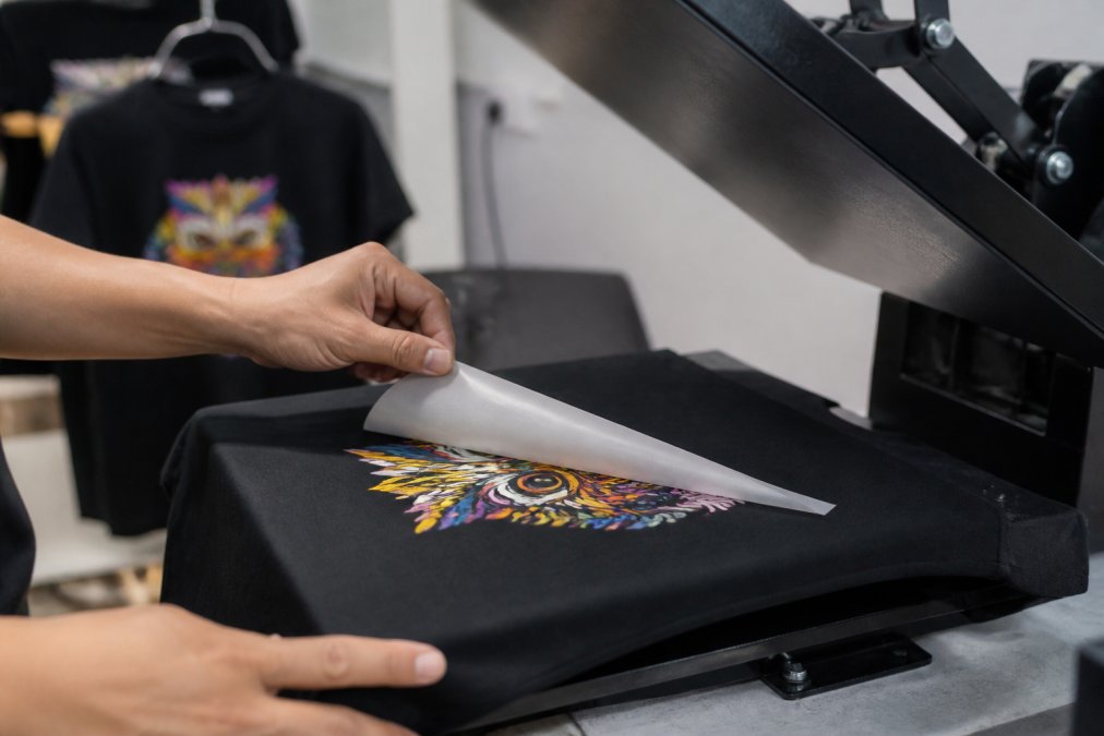 Close-up of a heat press applying a DTF transfer to a dark-colored cotton t-shirt, with the transfer film being peeled away to reveal vibrant printed design and finished garment visible in background