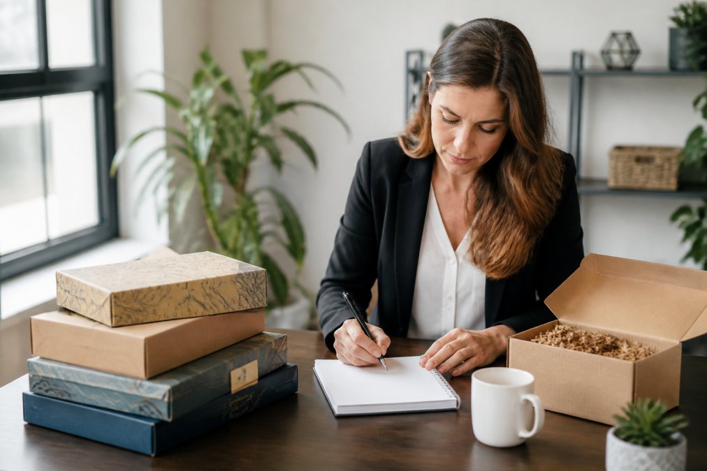 Professional explaining subscription box cancellation policies in a bright, modern office setting