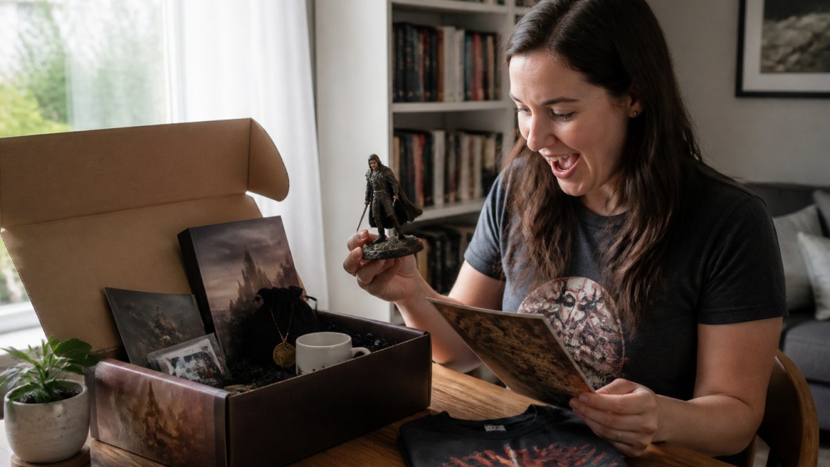 Adult unboxing a fandom subscription box at a wooden table, carefully removing collectible items and examining them with genuine excitement, natural afternoon light streaming through a window