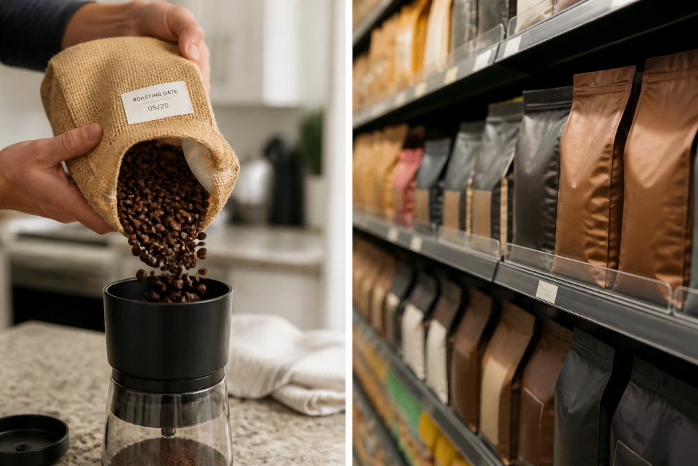 A person's hands holding an open burlap coffee bag with a roasting date label visible, freshly roasted beans spilling into a grinder nearby on a bright home kitchen counter