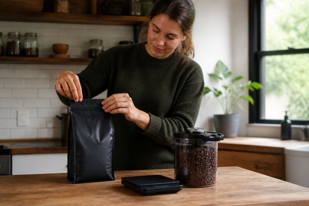 Person sealing a valve bag of coffee beans to maintain freshness when comparing subscription coffee vs buying in bulk