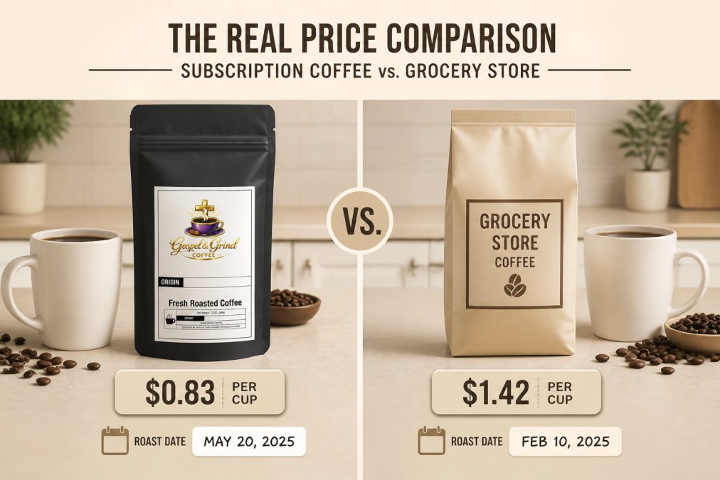 Side-by-side kitchen counter scene showing a bag of specialty roasted coffee with visible roast date next to a standard grocery store coffee bag, both with price tags visible, alongside a white mug and coffee beans scattered on the counter