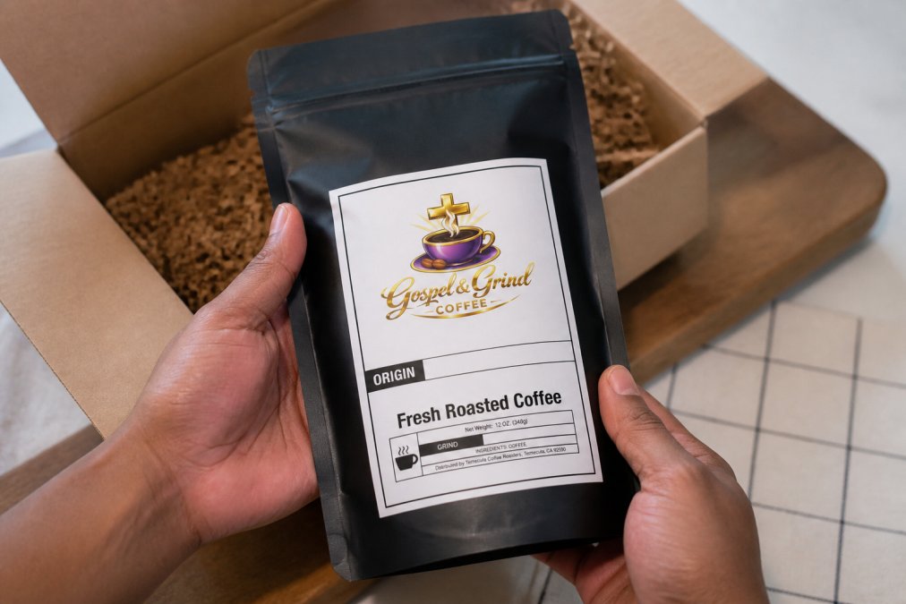 Close-up of hands holding a freshly roasted coffee bag with clearly visible roast date label and premium sealed packaging, showing the quality of the seal and professional labeling