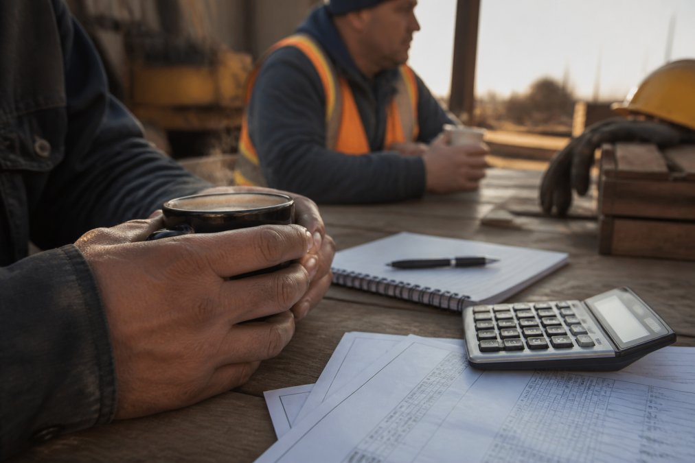 Close-up of hands holding a freshly brewed cup of coffee with a construction worker in work attire visible in the background during a morning workday break