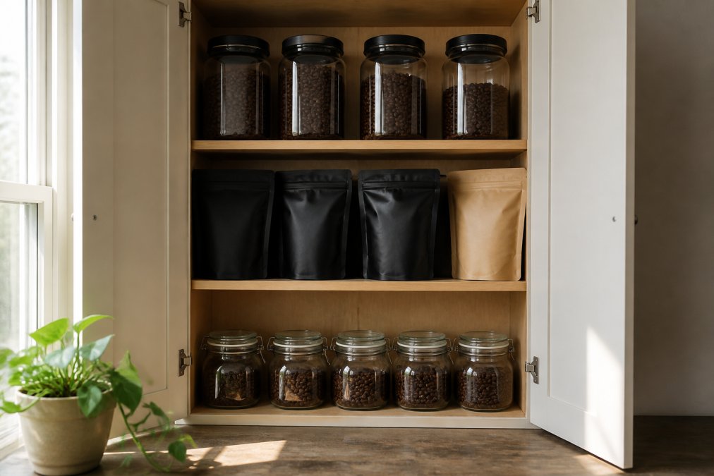 Sealed coffee containers or bags stored in a cool, dry cabinet or workspace with natural light showing the organized storage environment