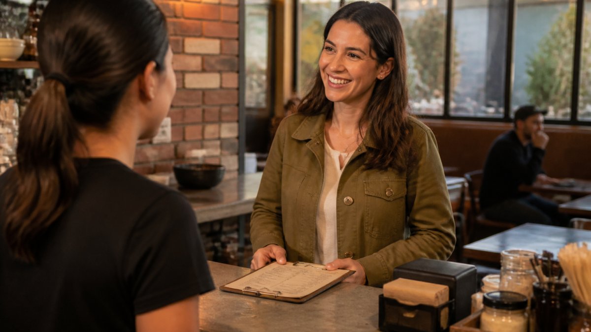 A regular customer smiling while ordering at a local restaurant counter, showing familiarity and comfort with the staff, warm lighting