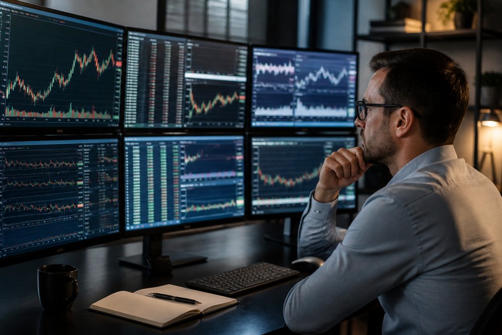 Professional trader monitoring multiple screens displaying live market data, equity curves, and price charts with real-time candlestick patterns in a modern office environment