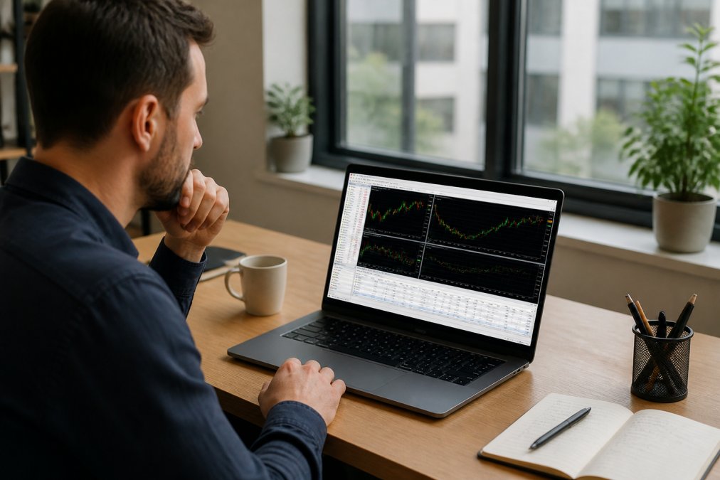 Professional trader working at modern desk with laptop displaying MetaTrader 5 platform interface, trading dashboard with multiple charts, and strategy tester window in bright natural office lighting
