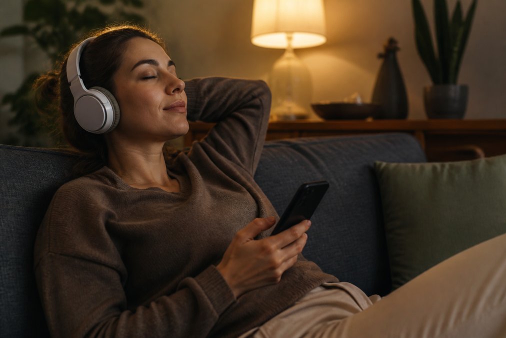 A person relaxing on a couch with headphones on, eyes closed, listening intently to audio on a smartphone in a dimly lit living room